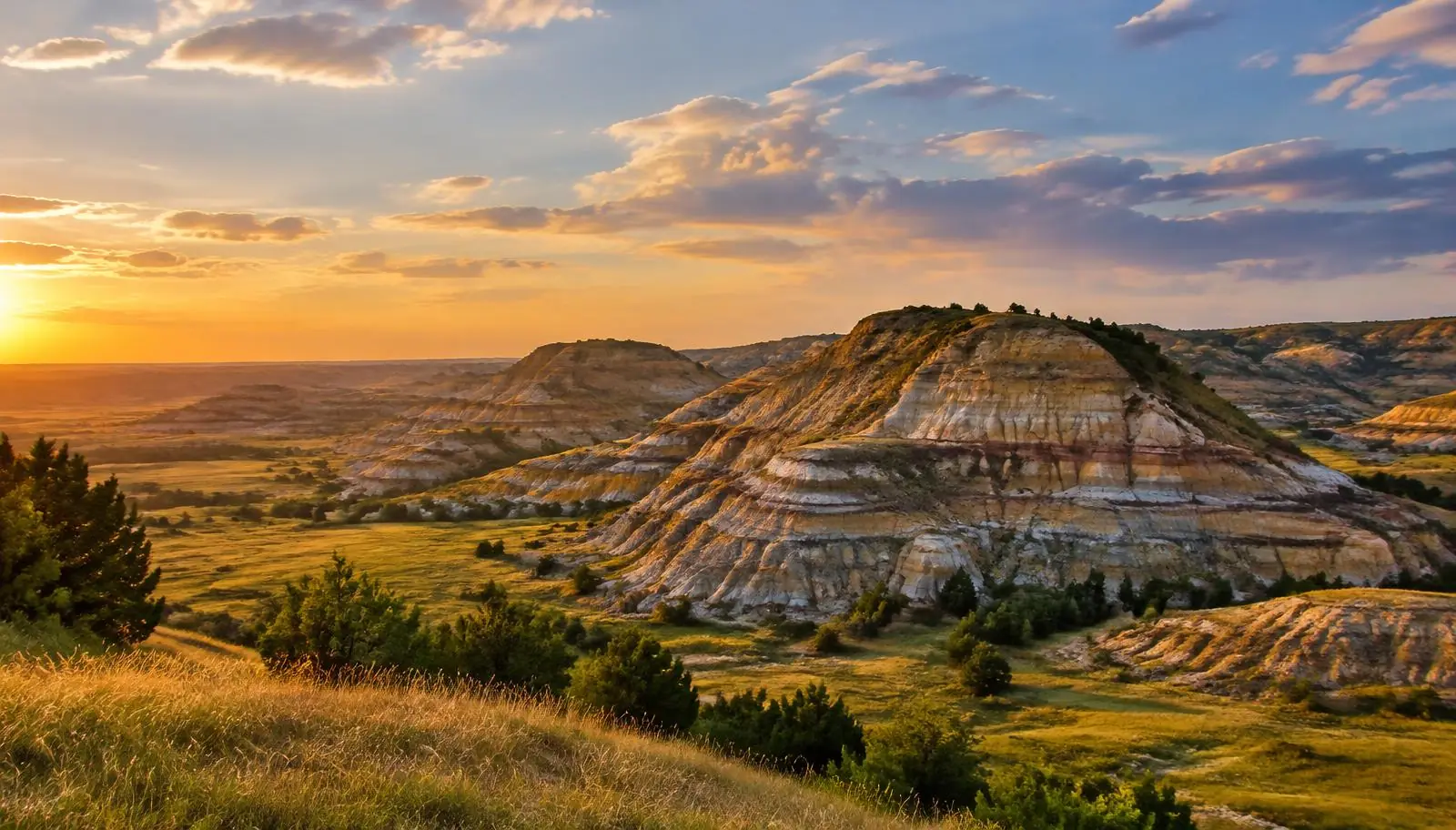 Badlands landscape west of Dickinson, North Dakota at golden hour