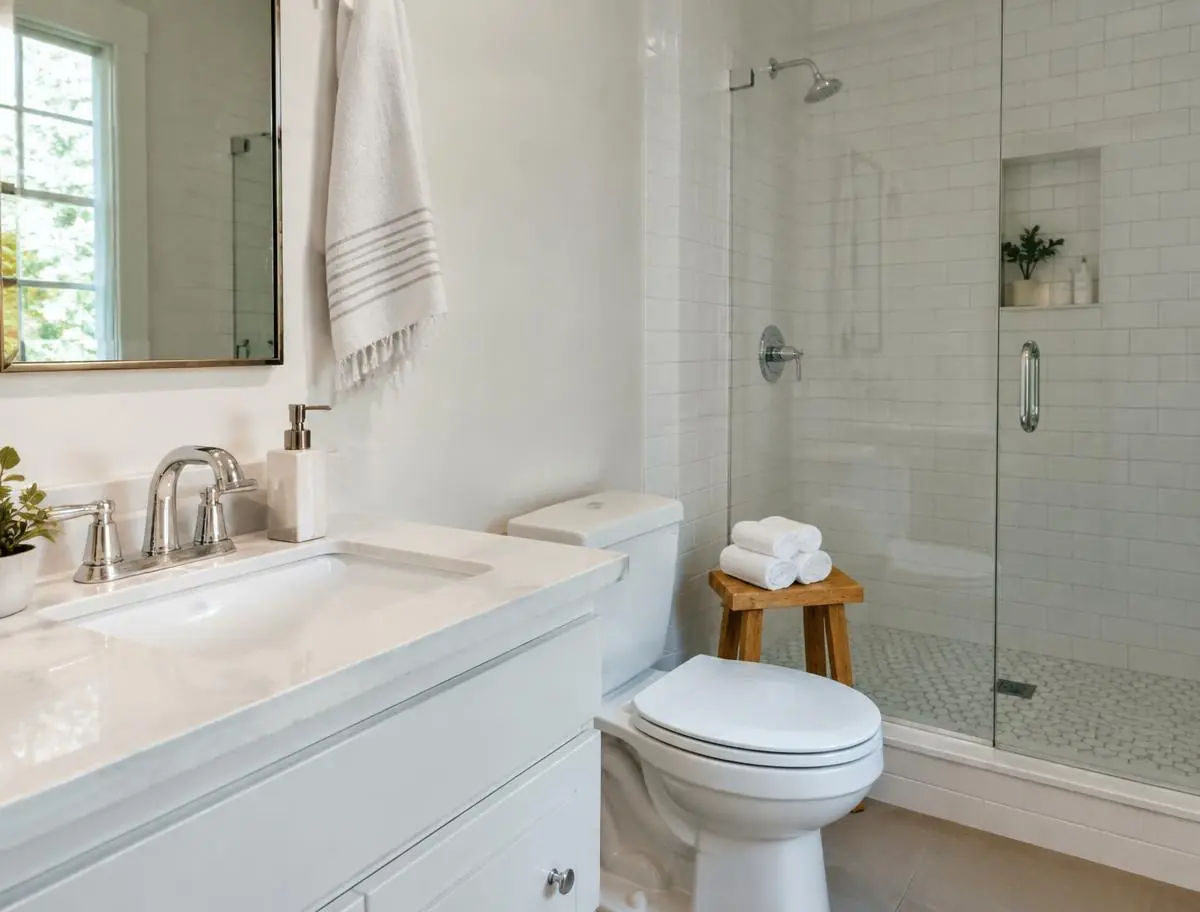 Clean bathroom with clear glass shower door