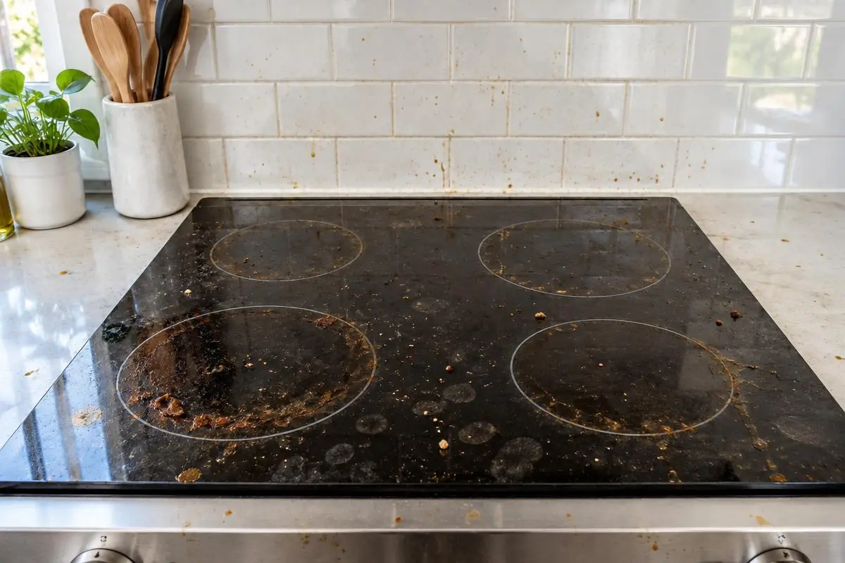 The same stove before cleaning, with burnt-on residue