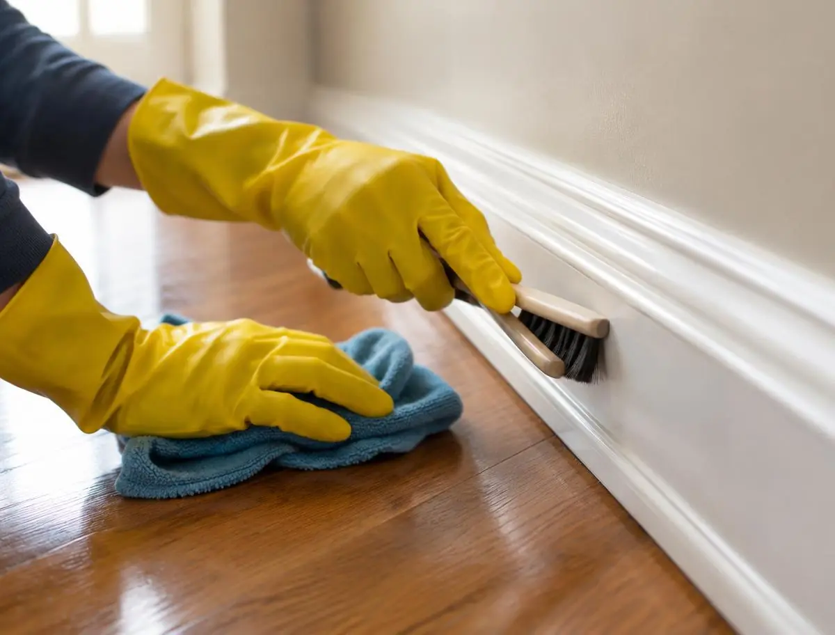 Cleaner detailing a baseboard