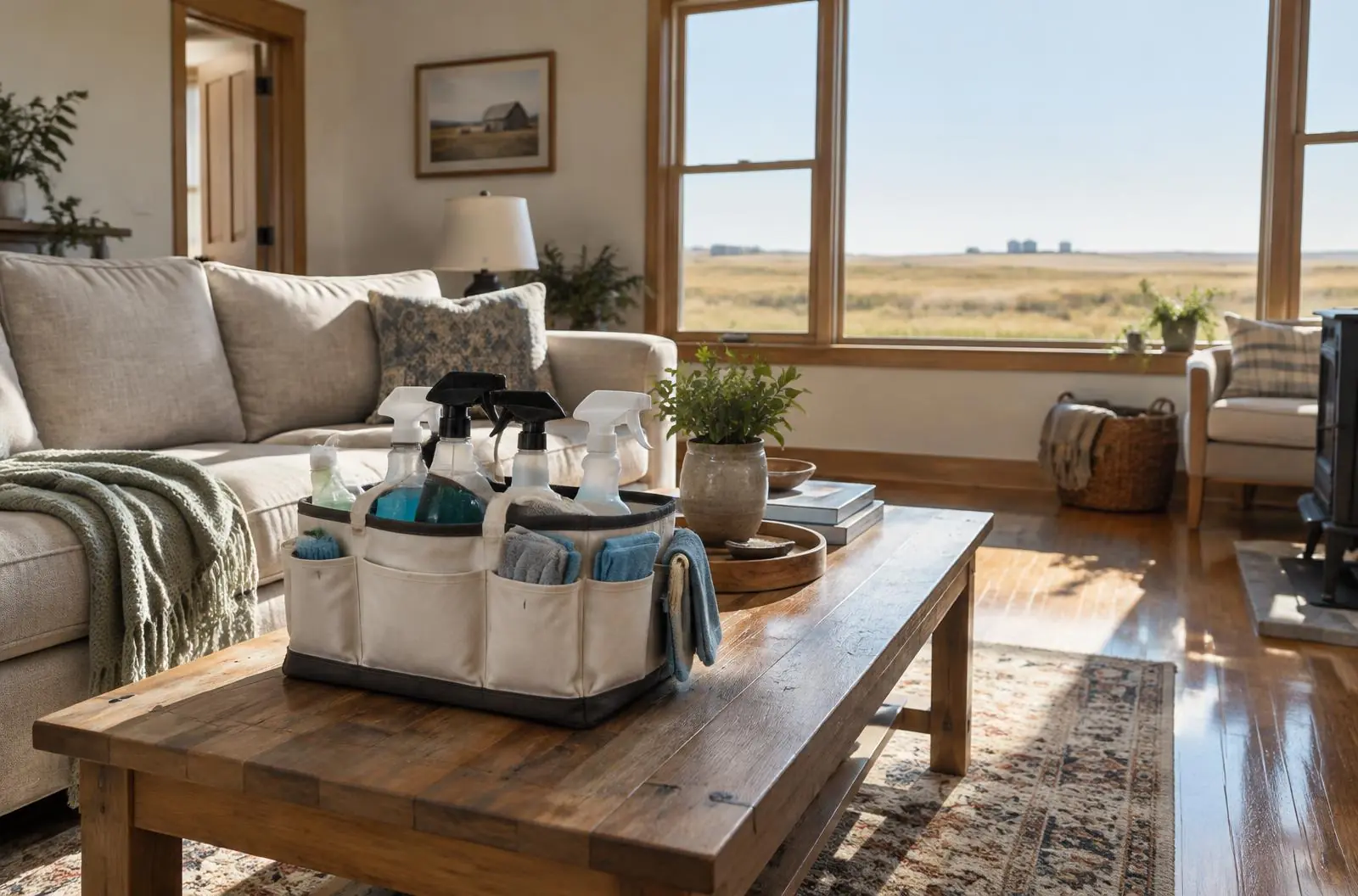 Freshly cleaned living room in a Dickinson, North Dakota home with prairie view
