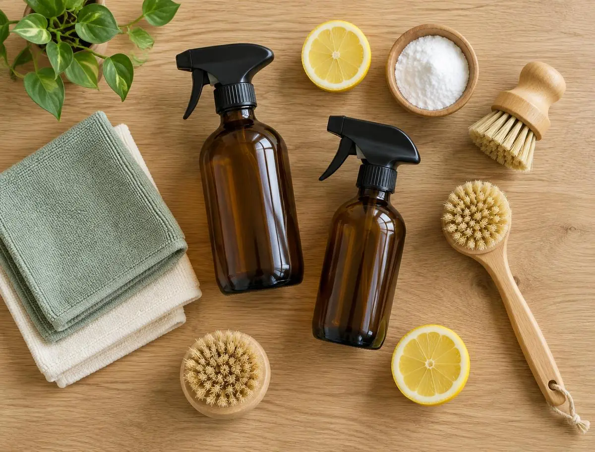 Cleaning supplies used by Incasumac: glass spray bottles, microfiber cloths and wooden brushes